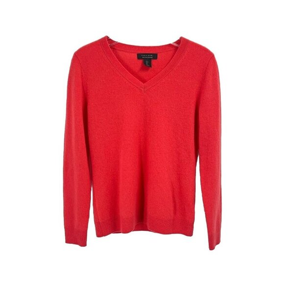 Tahari 100% Cashmere V Neck Sweater Coral Sz Small - Picture 1 of 5